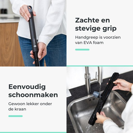 CLEANLY Bodenwischer mit Griff Teleskop 114-142 cm - Badezimmer-Bodenwischer - Wasserwischer - Duschwischer - Doppeltes EVA Schaumstoff - Breite 43.5 cm - Schwarz, Grau