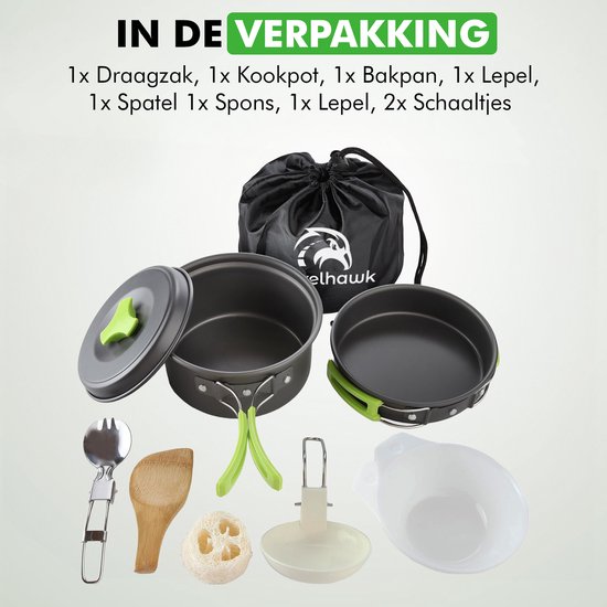 Travelhawk Camping Kochgeschirr - Pfannenset - Aluminium - 8-teilig - Camping Pfannenset - Inklusive Schwamm, Spatel, Löffel, Schüsseln und praktischer Tragetasche