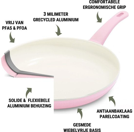 COOCK Wokpfanne Induktion 32cm - Spezial-Antihaftbeschichtung - Bratpfanne mit Deckel - Recyceltes Aluminium - Hellrosa/Weiß - Inklusive E-book