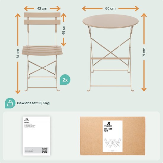 LifeGoods Bistro-Set - Stahl - 3-teilig - Gartenset - klappbar - Balkonset mit Tisch - wetterfest - Taupe