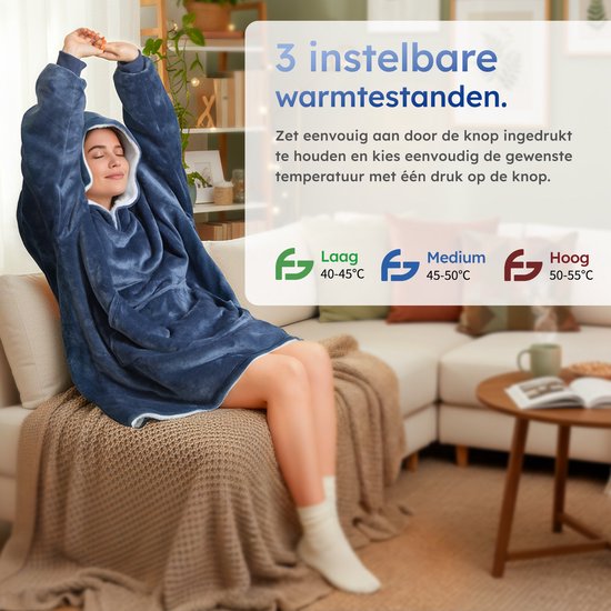 Kapuzendecke - Beheizt - 3 Stufen - Snuggle Hoodie - Beheizter Kapuzenpullover - Snuggle - 10k mAh Batterie - Einheitsgröße - Blau - Saaf Comfort