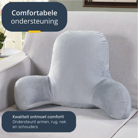Lesekissen - Fürs Bett - Mit 3 Taschen - Rückenkissen Sofa - Sitzkissen - Lendenwirbel - Rückenkissen unterer Rücken - Lesen - Kissen - Stütze - Bücher - Buch - Sitz - Grau