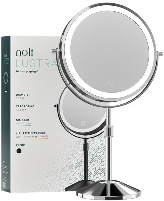 Nolt Make-up-Spiegel mit LED-Beleuchtung - 1X/10X Vergrößerungsspiegel - Rasierspiegel - Eitelkeitsleuchte - 3 Lichtmodi - wiederaufladbar - Silber