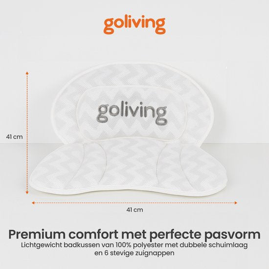 Goliving Badekissen - Ergonomisches Kissen für die Badewanne - Mit 6 Saugnäpfen - Inklusive Waschbeutel - Rutschfest, leicht & wasserdicht -100% Polyester - Weiß