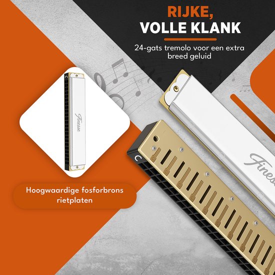 Finesse Mundharmonika – C-Dur – 24 Löcher – mit Etui – für Erwachsene und Kinder – Silber