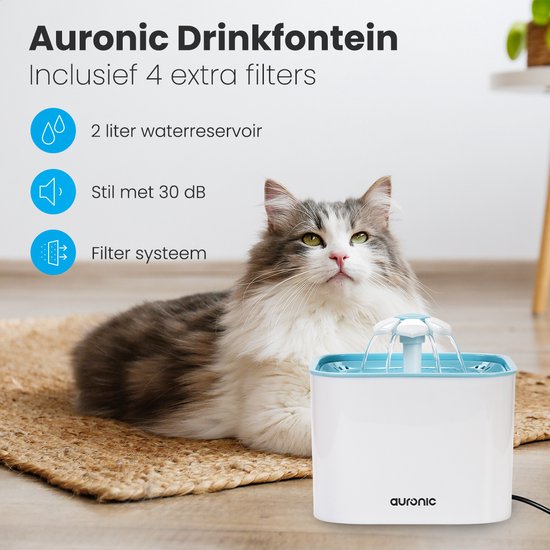 Auronic Trinkbrunnen - Wasserbrunnen für Hund und Katze - 2L - Tiertränke - Inkl. 4 Filter - Weiß
