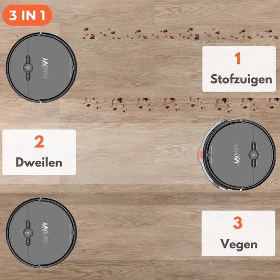 Sanovy 3 in 1 Staubsaugerroboter mit Wischfunktion - 1800 PA- Automatische Ladestation - Wischroboter - App