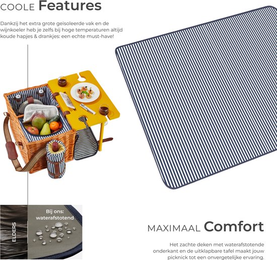 tectake® komplettes Picknickkorb-Set Texel - Luxuriöses 24-teiliges Picknick-Set für 2 Personen - Weiden-Picknickkorb mit Picknick-Teppich - Inklusive Kühlbox, Tellerset, Kunststoff-Weingläsern und Edelstahl-Besteck
