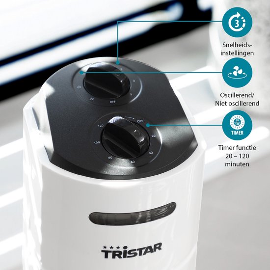 Turmventilator 79 cm - 3 Geschwindigkeiten - Timerfunktion - Oszillierend - Leise & Kompakt - Tristar VE-5806 - Weiß