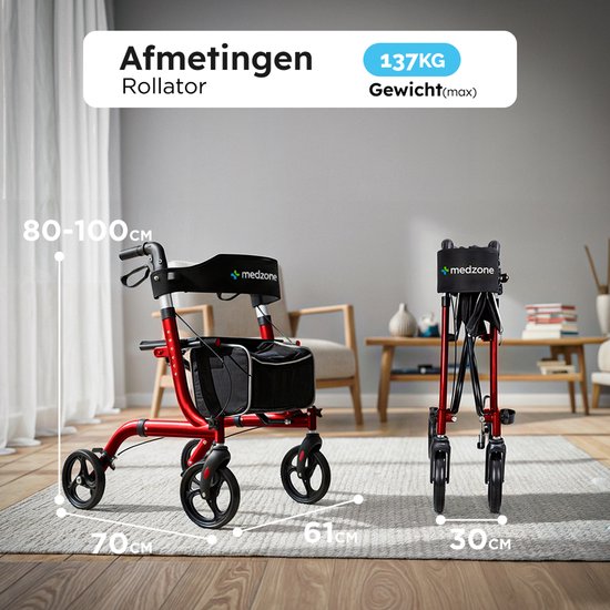 Medzone Rollator leicht und faltbar - Sitzfunktion - für drinnen und draußen - Rückenlehne und Gehstockhalterung - Champagner - Rot
