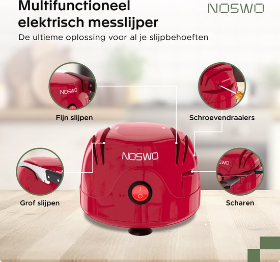 Noswo Elektrischer Messerschärfer - Multifunktional - Geeignet für Messer, Schraubendreher und Scheren - Rutschfest - Rot