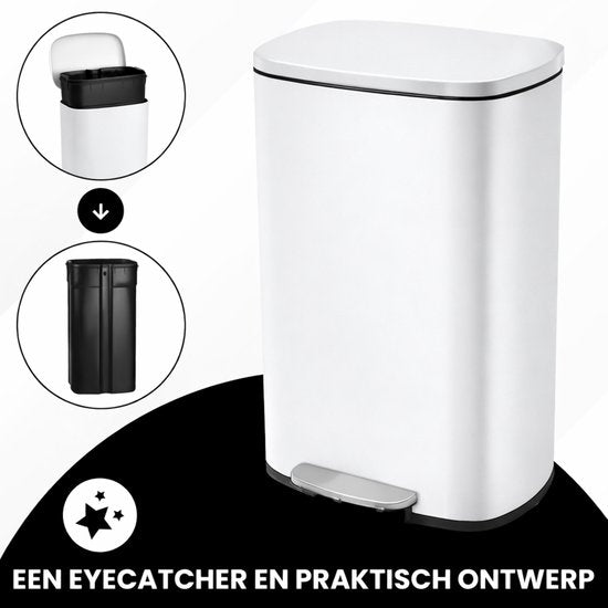 Bayt Mülleimer - Tret-Abfalleimer 50 Liter - Mülleimer 50 Liter - Abfalleimer 50 Liter - Mülltrennung - Abfalleimer - Edelstahl - Weiß