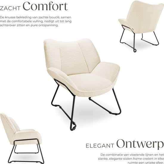 tectake Lounge Chair - Runder Sessel - Teddy Chair - Polstersessel - Bouclé-Polsterung - Plüsch-Lesesesessel - Skandinavischer Stil - cremeweiß