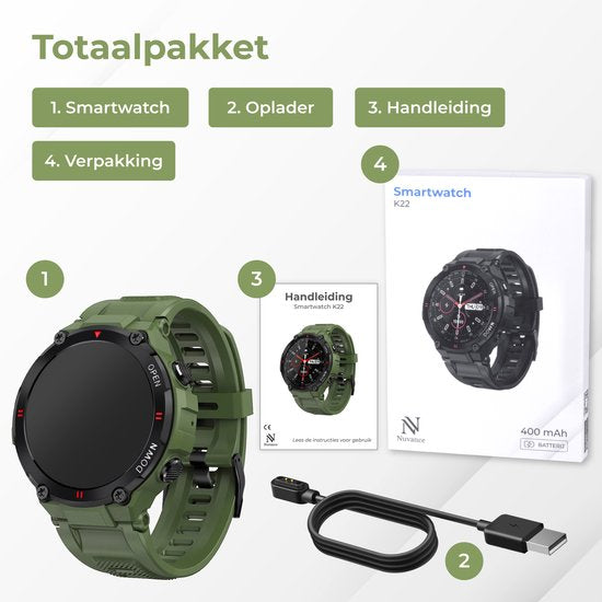 Nuvance - Outdoor Smartwatch - IP67 Wasserdicht - Bluetooth Smartwatch für Frauen und Männer - Smartwatches - Sportuhr mit Schrittzähler, Kalorienzähler, Schlafmesser - Geeignet für alle Smartphones - Grün