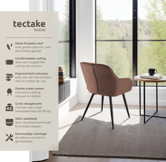 tectake® Esszimmerstuhl Marilyn - Polsterstuhl in Samtoptik - Nahtmuster - Schwarze Stuhlbeine - Ergonomischer Küchenstuhl - Mit durchgehender Rückenlehne und Armlehnen - Stuhl für Wohnzimmer, Esszimmer, Schlafzimmer - Braun