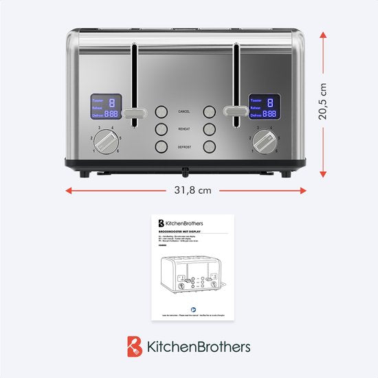 KitchenBrothers Toaster - Toaster - 6 Heizstufen - 4 extra breite Schlitze - 1630W - Edelstahl/Silber