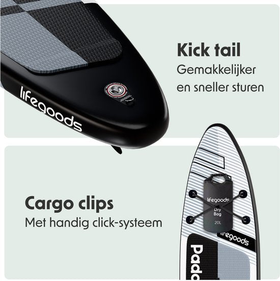 LifeGoods PaddlePro SUP Board Pro - Pro Set - Aufblasbares Paddle Board - Max. 150KG - 320x81cm - Schwarz/Weiß