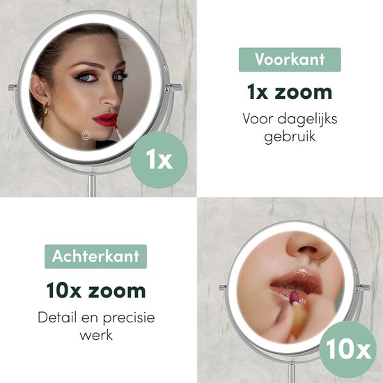 Nolt Make-up-Spiegel mit LED-Beleuchtung - 1X/10X Vergrößerungsspiegel - Rasierspiegel - Eitelkeitsleuchte - 3 Lichtmodi - wiederaufladbar - Silber