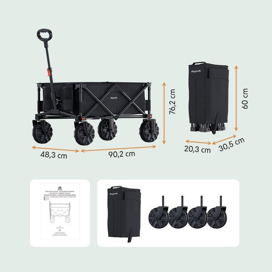 LifeGoods Wagon - faltbar - 100KG - 135L - zusammenklappbarer Wagon mit abnehmbaren Rädern - Schutzhülle - Schwarz