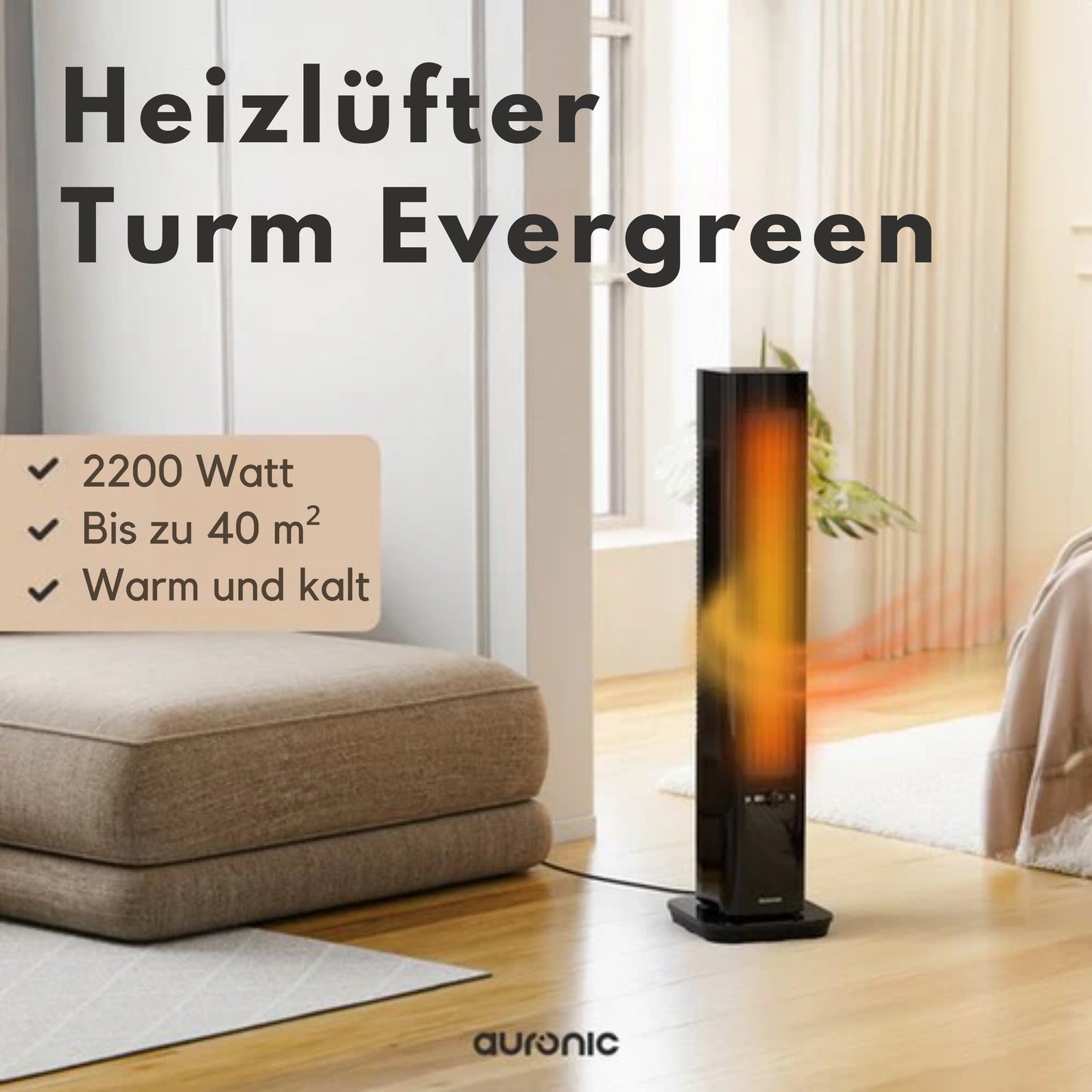 Auronic Elektroheizer - Keramikheizer - Turmheizer - 2200W Heizleistung - Schwarz
