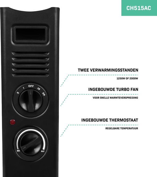 VONROC Elektroheizung - Konvektorheizung - Mit eingebautem Heizkörperlüfter - 2 Stufen: 1250W/2000W - Einstellbarer Thermostat - Beheizt Räume bis zu 24m2 - Modernes Design - Schwarz