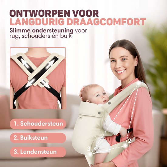 Vulpes Goods® BabyCare Babytrage - Ergonomisch - 0-36 Monate - Luxus-Bauchtrage bis zu 20 kg - OEKO-TEX® Baumwolle - Freihändiger Komfort - Mit Rückenstütze & M-Position - Creme