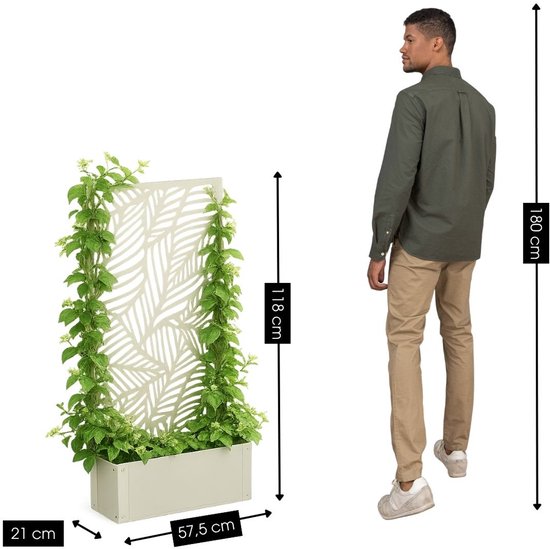 Mica Decorations Sapri Pflanzenstütze – Pflanzkübel mit Klettergitter für Kletterpflanzen – Pflanzenständer, freistehend oder an der Wand – 57,5 x 21 x 118 cm – Off White