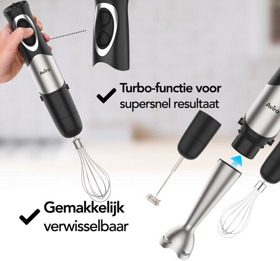 Aviro 6-in-1 Stabmixer-Set - 1000W - 20 Geschwindigkeiten - Zerkleinerer, Milchaufschäumer, Schneebesen & Messbecher - Edelstahl
