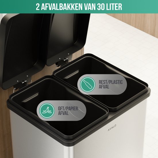 Avalo Mülleimer Abfalltrennung 60 Liter - Edelstahl Silber - 2 Fächer - Umweltbewusst, Hygienisch & Fingerabdruckfrei - Treteimer / Mülleimer