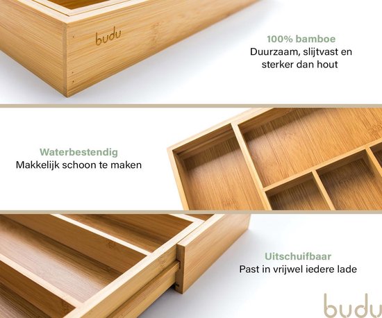 Budu Extendable Bamboo Cutlery Tray #38 (38 cm tief) - Besteckkassette Holz - Besteckschublade - 38 x 29,5 - 47,8 cm - 5/7 Fächer