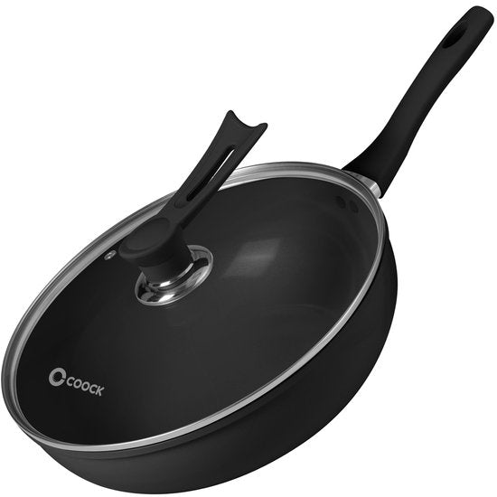COOCK Wokpfanne Induktion 32cm - Spezial-Antihaftbeschichtung - Pfanne mit Deckel - Recyceltes Aluminium - Schwarz - Inklusive E-book