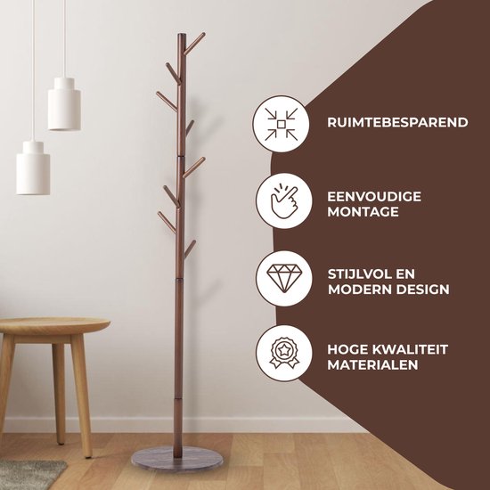 Bayt Garderobe - Stehende Garderobe - Garderobenständer Holz - Garderobenständer - 8 Haken - 175 cm - Braun