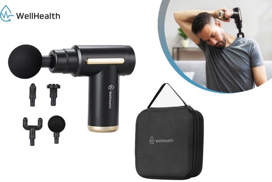 Wellhealth Mini Massagepistole – Muskelmassagegerät – 32 Stufen – Inkl. 4 Aufsätze – Kabellos