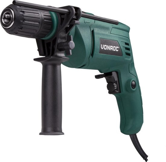 VONROC Schlagbohrmaschine - 500W - Schnellspannfutter - Inkl. Seitengriff, Tiefenanschlag & Aufbewahrungstasche