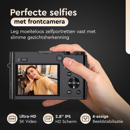 K&L Digitalkamera 5K - 64MP - 6X optischer Zoom - Fotokamera - Kompaktkamera - Vlog-Kamera - Ideal für Einsteiger - Inklusive 64GB - NL Software