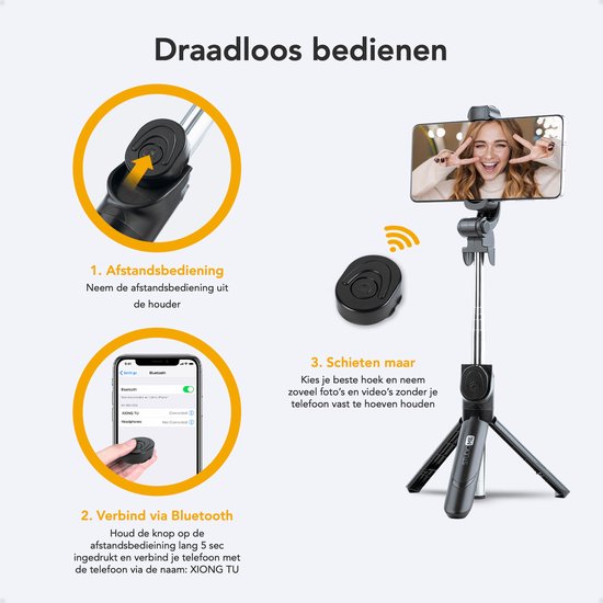 Studio ME - 3-in-1 Selfie Stick & Stativ - 19 bis 70 cm - Mit Bluetooth-Fernbedienung - Universelles Telefonstativ - Kompakt & Tragbar - Schwarzer Kunststoff & Edelstahl