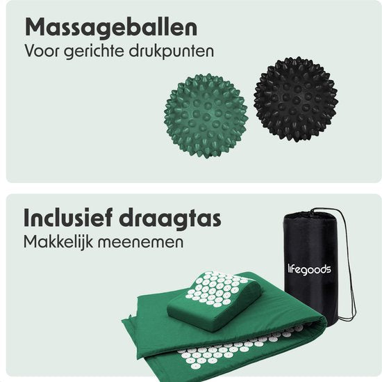 LifeGoods Akupressurmatte XL - mit Kissen - Shakti-Matte - Nagelmatte inkl. 2x Triggerpunktball - 128x48x2cm - Grün/Weiß