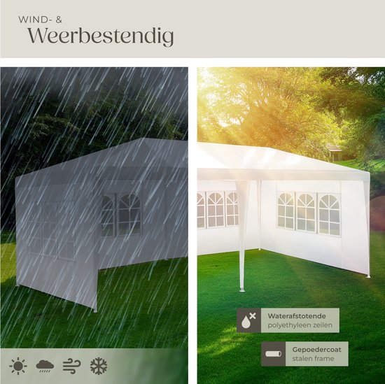 tectake® Pavillon Novara - Partyzelt 3x6 m - Wasserdichte Plane mit 5 abnehmbaren Seitenwänden - Wetterfester Gartenpavillon - Inklusive Spannleinen und Heringe - Weiß