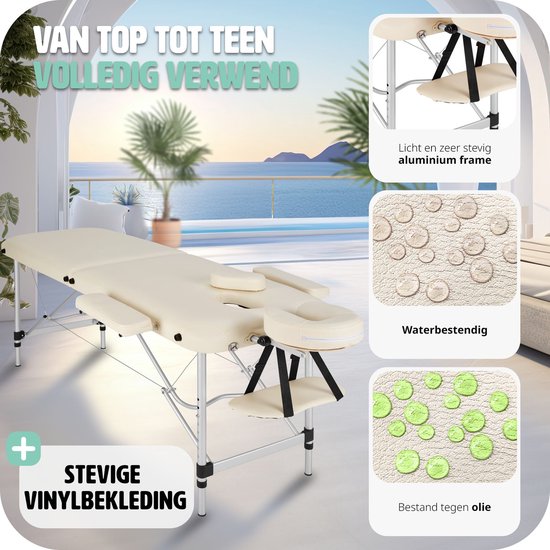 tectake - Aluminium-Massagetisch 2 Zonen, Massagetisch 4cm Matratze, klappbarer Massagetisch, höhenverstellbarer Aluminium-Massagetisch, tragbarer Massagetisch inklusive Zubehör, Aluminium-Kopfstütze, Armlehne und Tragetasche - beige