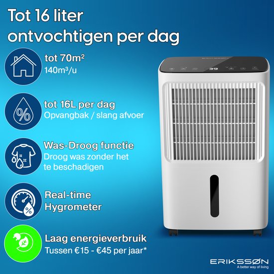 Erikssøn Dry Pro Plus Luftentfeuchter - 16 L/Tag - Waschtrockenfunktion - Für Schlafzimmer, Bad, Wohnzimmer & Keller - Weiß
