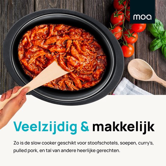 MOA Slowcooker mit Timer - 6,5L - Ø 24,5cm - Aluminium Innenbehälter - Transparenter Deckel - 3 Heizstufen - Spülmaschinenfest - BPA-frei - Edelstahl