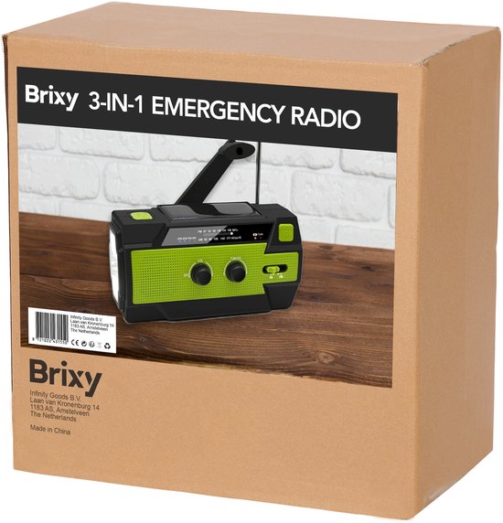 Brixy Emergency Radio - Radio mit Batterie für Notfälle - 5000 MAH - aufwickelbar - Solar - Taschenlampe - Powerbank - Grün