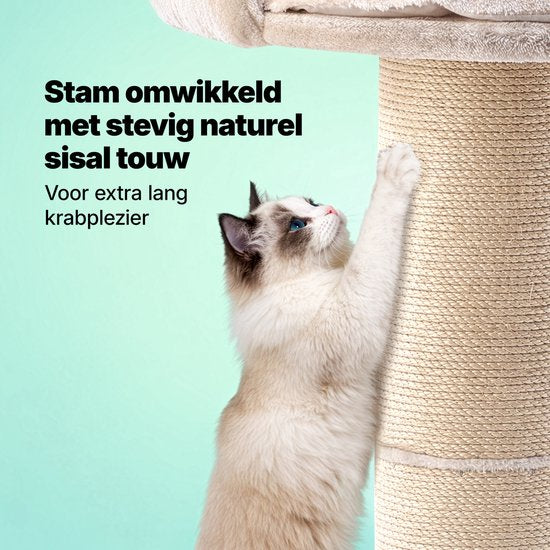 Jake und Jacky Kratzbaum für große Katzen mit Korb – mit Spielseil – Natur/Creme – 57 x 57 x 90 cm – Ø Sisal-Kratzbaum 20 cm