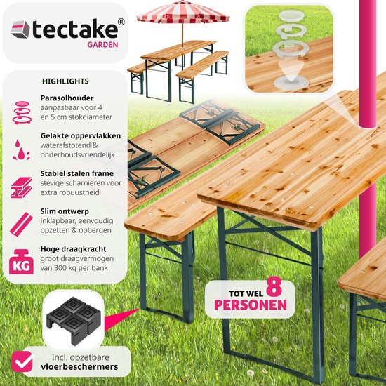 tectake Bierzeltgarnitur mit Tisch und 2x Bierbänken, mit Sonnenschirmhalter - Bierzeltgarnitur, Balkonmöbel mit 1x Klapptisch und 2x Bierbänken, klappbar, 170 x 46 x 78 cm, lackiert