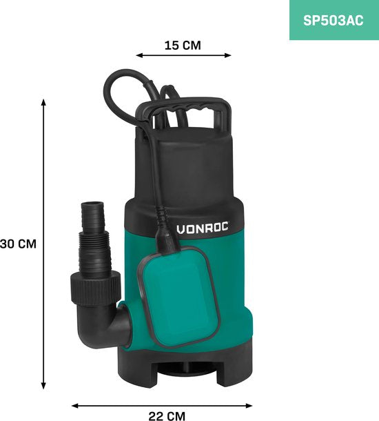 VONROC Tauchpumpe - Schmutzwasserpumpe - Wasserpumpe - 750W - 14000 l/h - Für schmutziges und sauberes Wasser - Mit Schwimmer