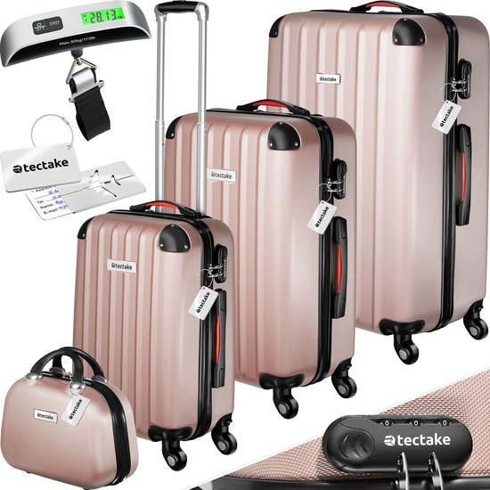 tectake - 4-teiliges Reisekofferset inklusive Koffertrolley und Gepäckwaage, 360° Rollen, Hartschalenkoffer mit Zahlenschloss, großer Koffer, stapelbar, Trolley Handgepäck - rosegold