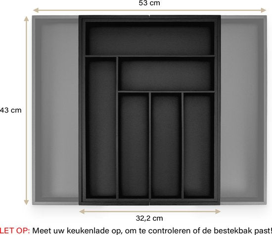 Budu Extendable Bamboo Cutlery Tray #43 (43 cm tief) - Schwarz - Besteckkassette Holz - Besteckschublade - 43 x 32,2 - 53 cm - 6/8 Fächer