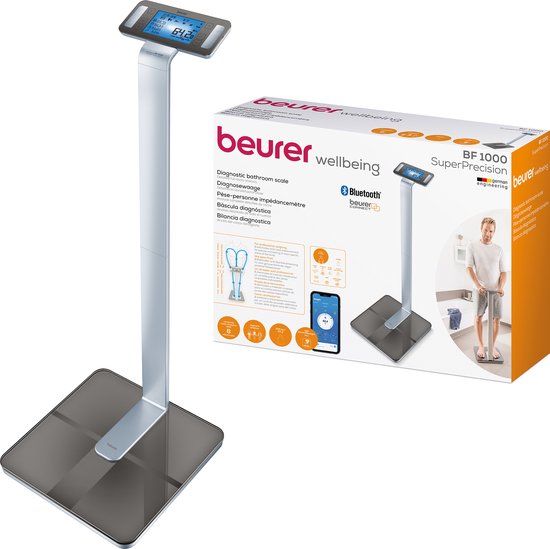 Beurer BF 1000 Superpräzisions-Personenwaage - Umfassende Körperanalyse - Säulenwaage - Beleuchtetes XXL-Display - Bis 200 kg - Kreuzmessung - 8 Elektroden - Bluetooth® - Beurer HealthManager Pro App - Inkl. Batterien - 5 Jahre Garantie