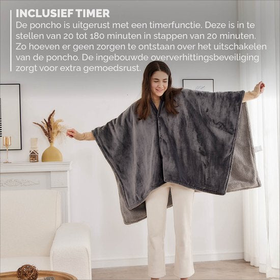 BREND BR-2220 Elektrische Decke und Poncho - Sherpa und Flanell Fleece Plaid - Wärmeumhang - 160 x 130 cm - 9 Temperaturstufen - Anthrazit