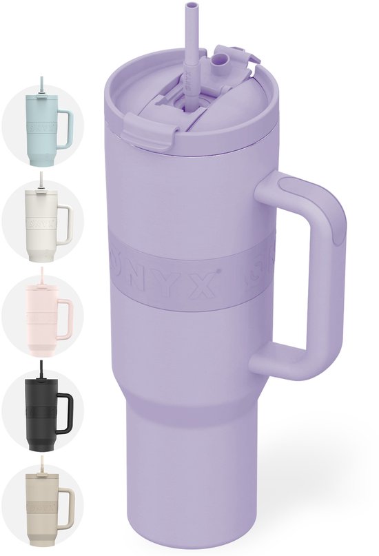 ONYX Trinkflasche mit Strohhalm 1,2 Liter - Trinkflasche für Kinder & Erwachsene - Thermosbecher Edelstahl Reisebecher - Motivationstrinker - Trinkbecher für die Schule - Pastell Lila